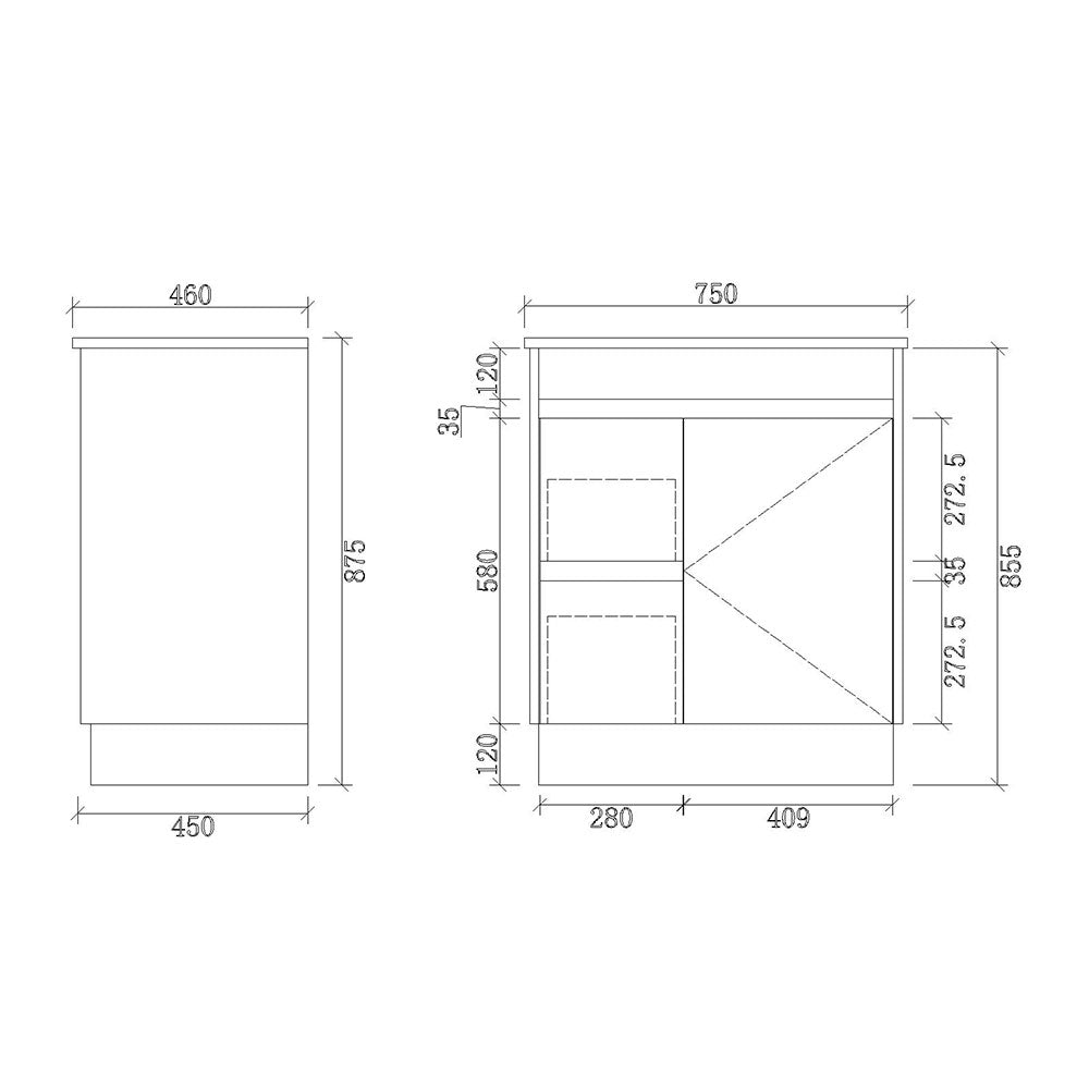 SH750L-KB - 750x460x880mm Shaker Style Kickboard MDF Vanity with Ceramic Basin – alternate view