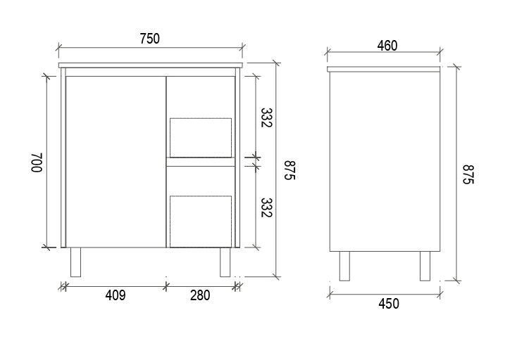SH750R - 750x460x875mm Matte Finish Polyurethane Cabinet with Shaker Doors – alternate view