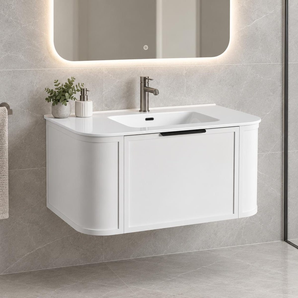 Whitney 900mm Curved Shaker Door Vanity Wall Hung Matte White - 900x460x420mm