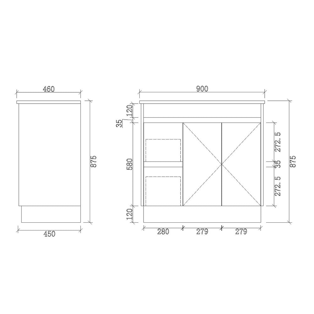 SH900L-KB - 900x460x880mm Shaker Style Kickboard MDF Vanity with Ceramic Basin – alternate view
