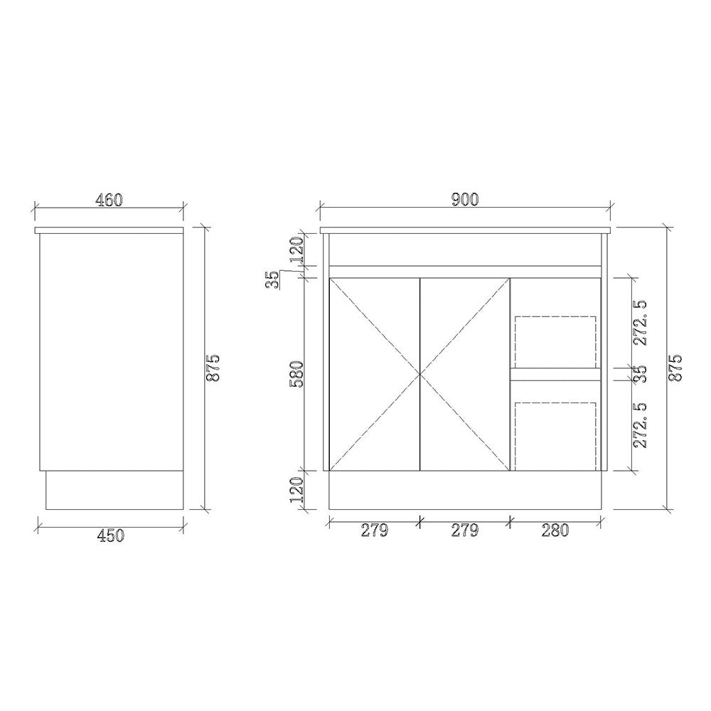 SH900R-KB - 900x460x880mm Shaker Style Kickboard MDF Vanity with Ceramic Basin – alternate view