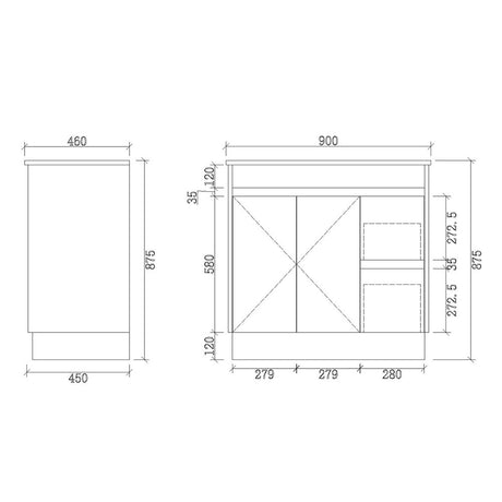 SH900R-KB - 900x460x880mm Shaker Style Kickboard MDF Vanity with Ceramic Basin – alternate view