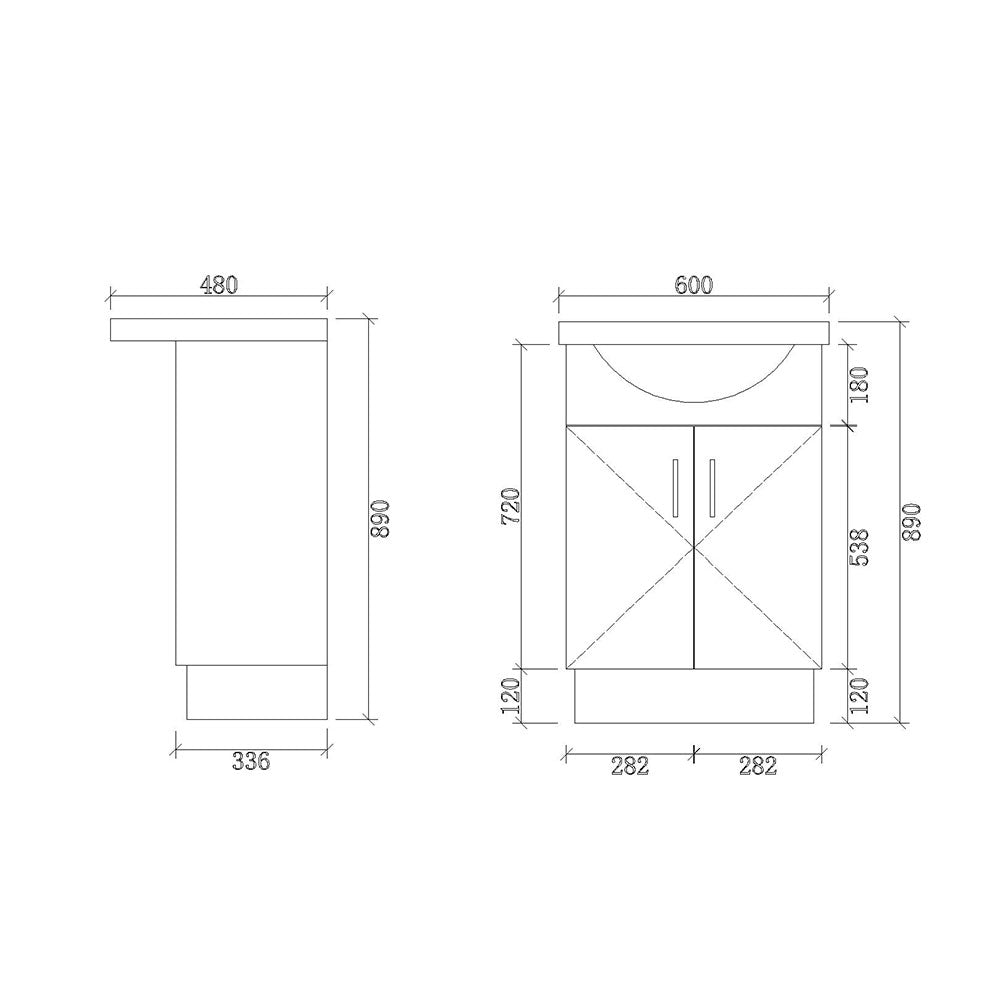 SR600-KB - 600x480x890mm Semi Recess Kickboard MDF Vanity with Ceramic Basin – alternate view