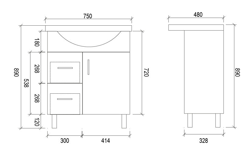 SR750L - 750x480x890mm High Gloss Polyurethane Cabinet with Soft Close Doors – alternate view