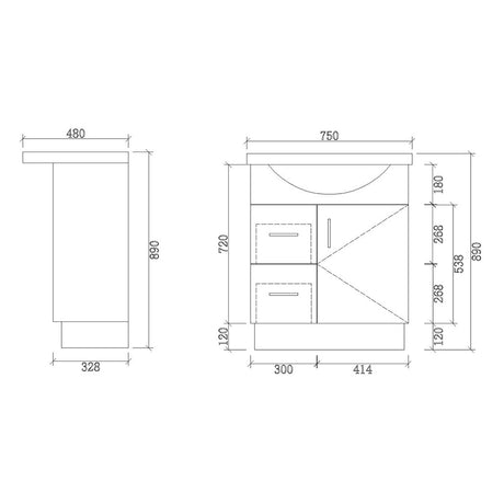SR750L-KB - 750x480x890mm Semi Recess Kickboard MDF Vanity with Ceramic Basin – alternate view