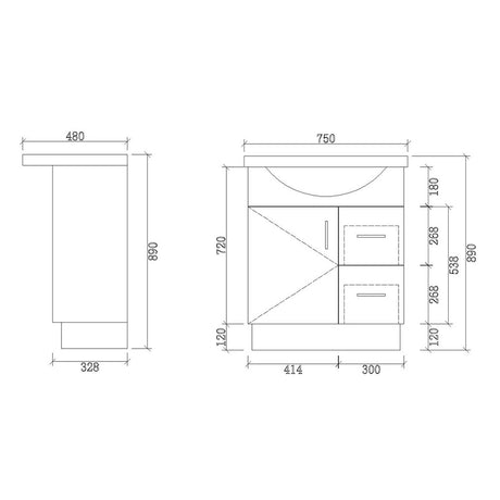 SR750R-KB - 750x480x890mm Semi Recess Kickboard MDF Vanity with Ceramic Basin – alternate view