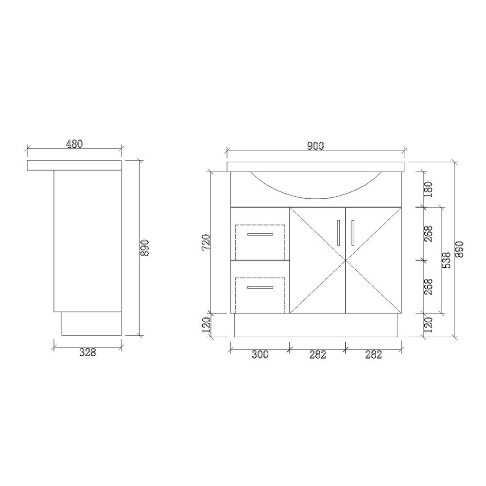 SR900L-KB - 900x480x890mm Semi Recess Kickboard MDF Vanity with Ceramic Basin – alternate view