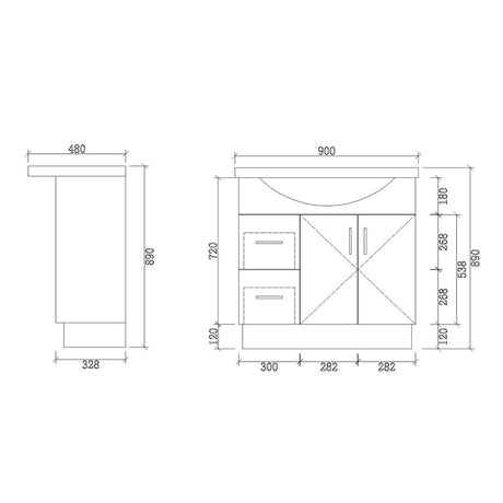 SR900L-KB - 900x480x890mm Semi Recess Kickboard MDF Vanity with Ceramic Basin – alternate view