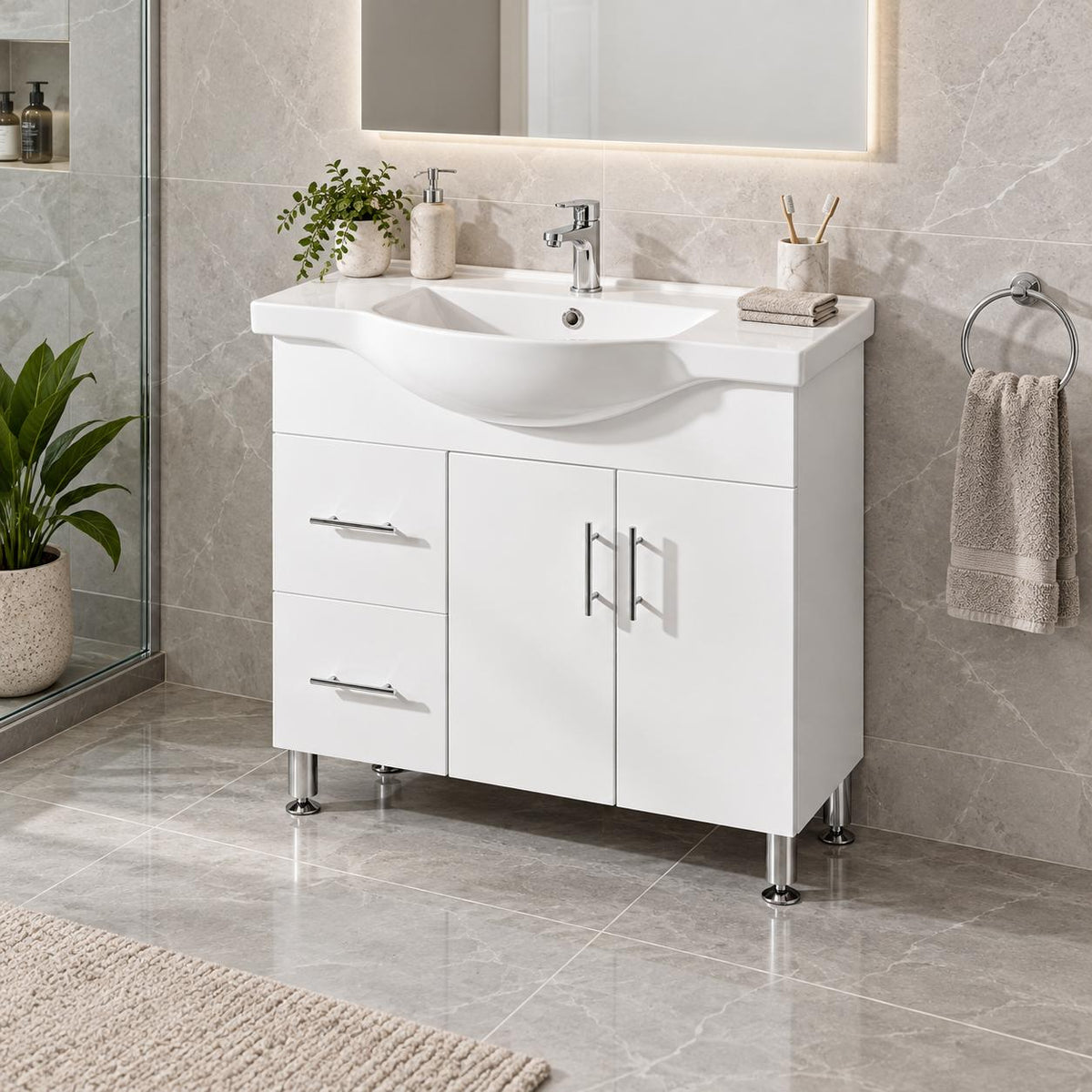 Brody 900mm Semi Recessed Vanity on Legs Left Hand Draws 1th - 900x480x890mm