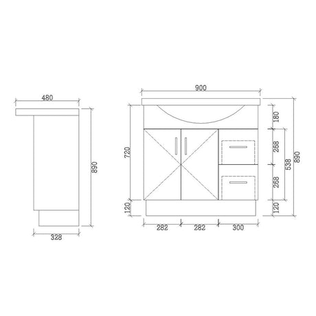 SR900R-KB - 900x480x890mm Semi Recess Kickboard MDF Vanity with Ceramic Basin – alternate view