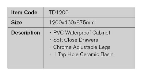 TD1200 - 1200x460x875mm PVC Vanity with Ceramic Basin – detail view