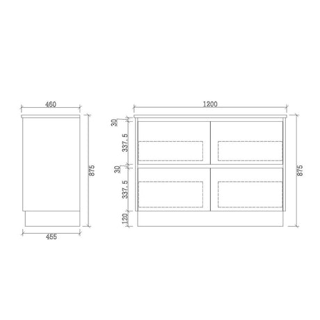 TD1200-KB - 1200x460x880mm Four Drawer Kickboard PVC Vanity with Ceramic Basin – alternate view