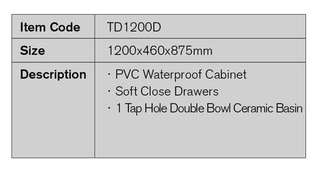 TD1200D - 1200x460x875mm PVC Vanity with Double Bowl Ceramic Basin – detail view