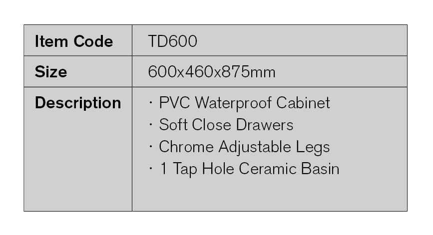 TD600 - 600x460x875mm PVC Vanity with Ceramic Basin – detail view