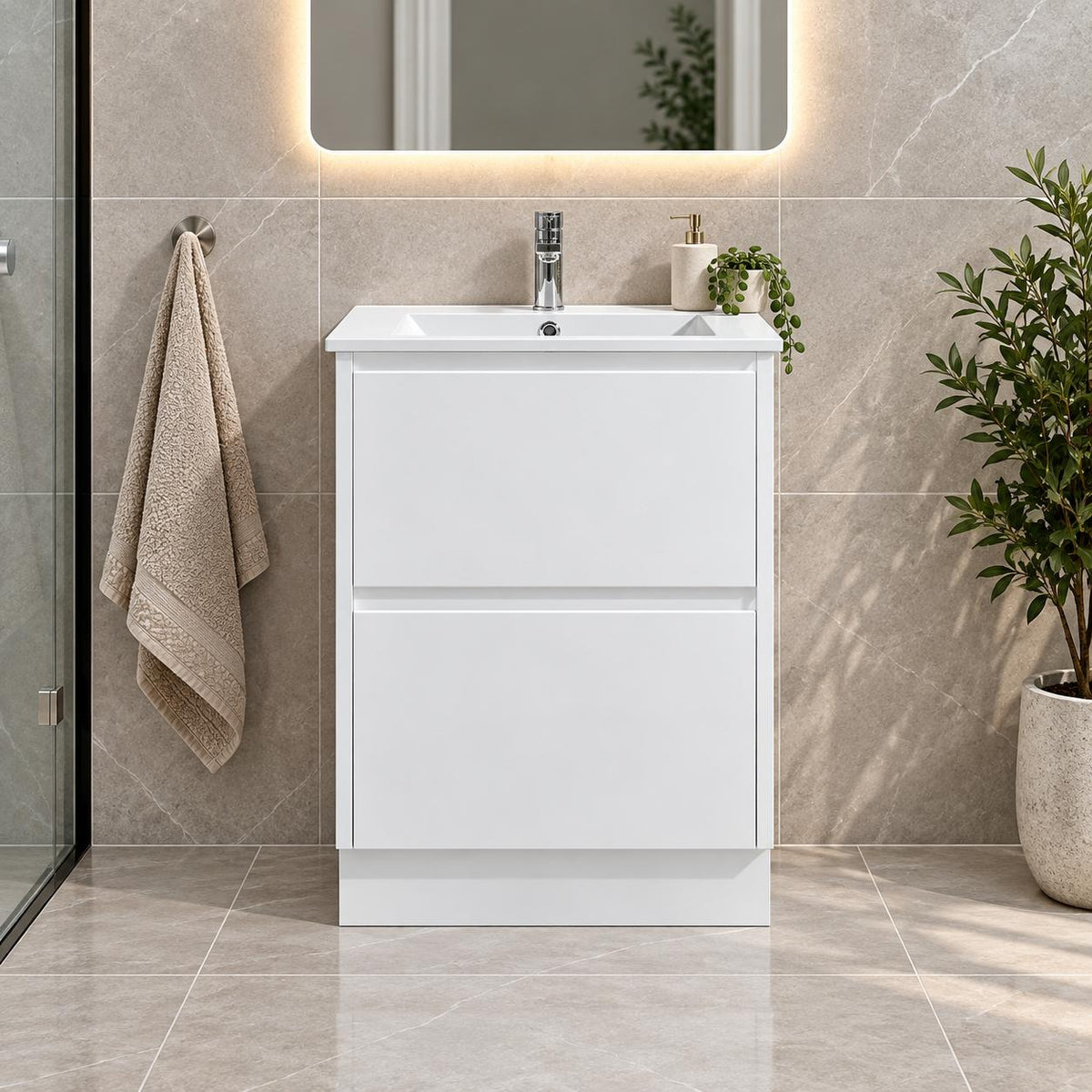Teddy Two Draw PVC Vanity 600mm on Kickboard - 600x460x880mm