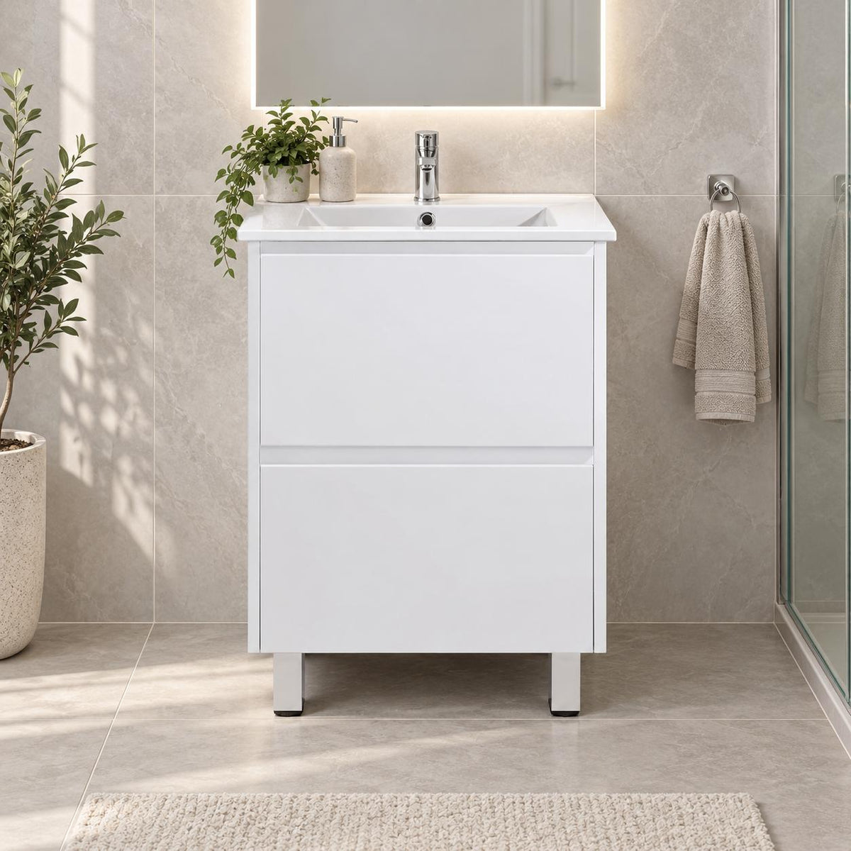 Teddy Two Draw PVC Vanity 600mm on Legs - 600x460x875mm