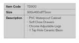TD900 - 900x460x875mm PVC Vanity with Ceramic Basin – detail view