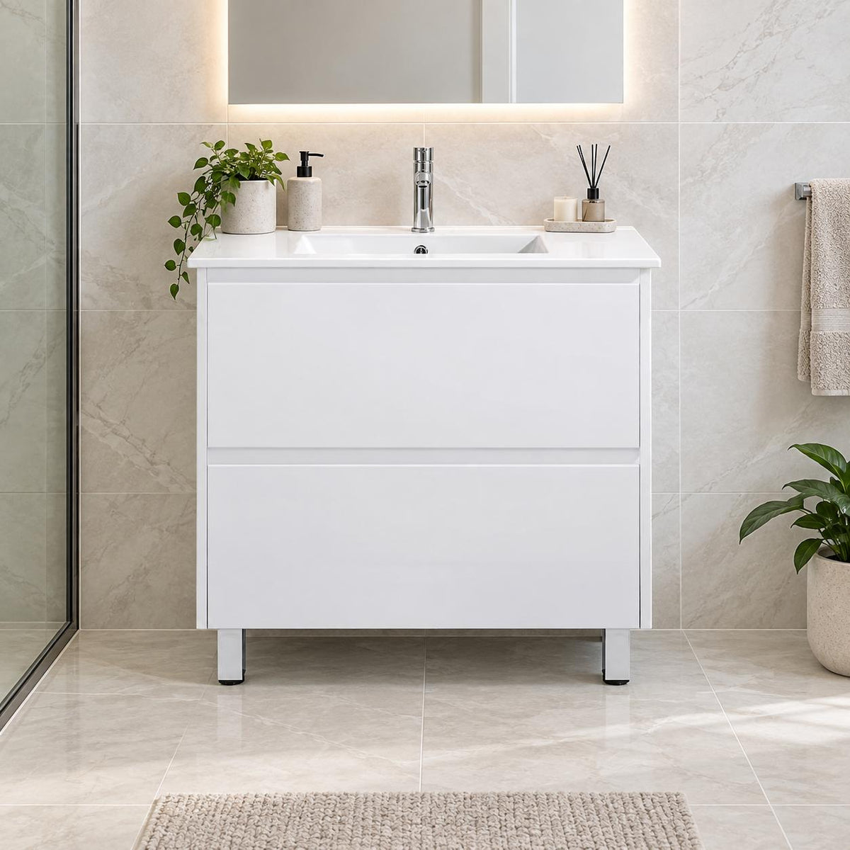Teddy Two Draw PVC Vanity 900mm on Legs - 900x460x875mm