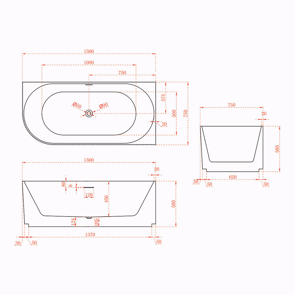 Avalon V-Groove Fluted Left-Hand Corner Matte Black Freestanding Bath - 1500mm – view 4