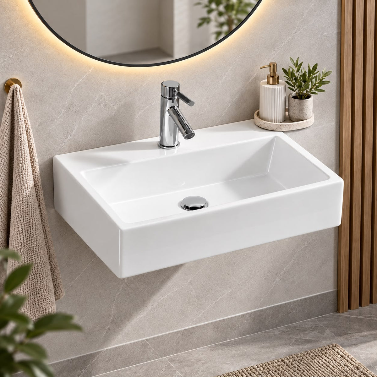 500mm Rectangular Gloss White Wall Hung Basin - 500x350x120mm