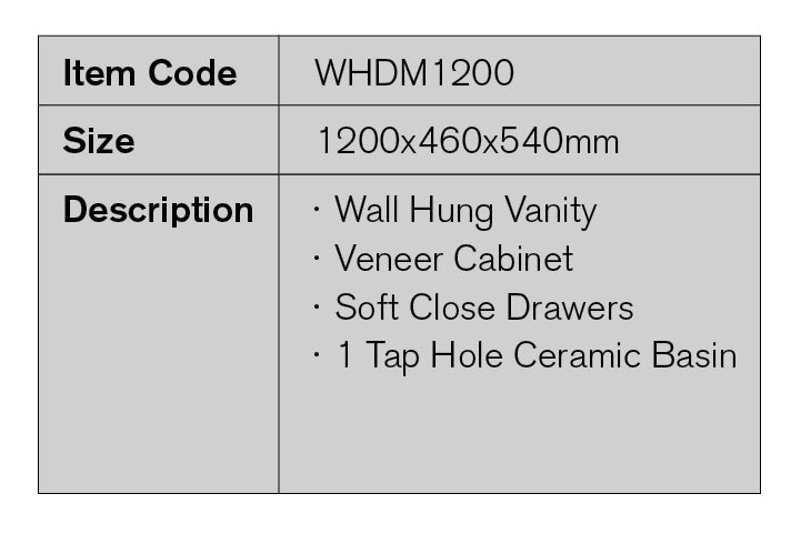 WHDM1200 - 1200x460x540mm Wall Hung Vanity with Veneer Cabinet – detail view