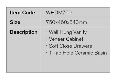 WHDM750 - 750x460x540mm Wall Hung Vanity with Veneer Cabinet – detail view