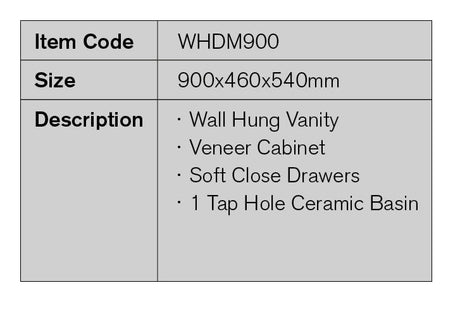 WHDM900 - 900x460x540mm Wall Hung Vanity with Veneer Cabine – detail view