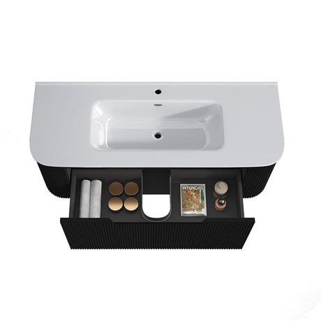 Fluted Matte Black Wall-Hung Vanity Units - 1200x460x420mm – detail view