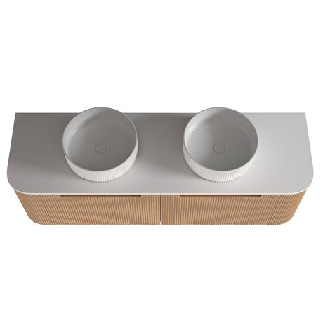 Fluted Natural Oak Wall-Hung Vanity Units - Double Bowl - 1500x460x420mm – alternate view