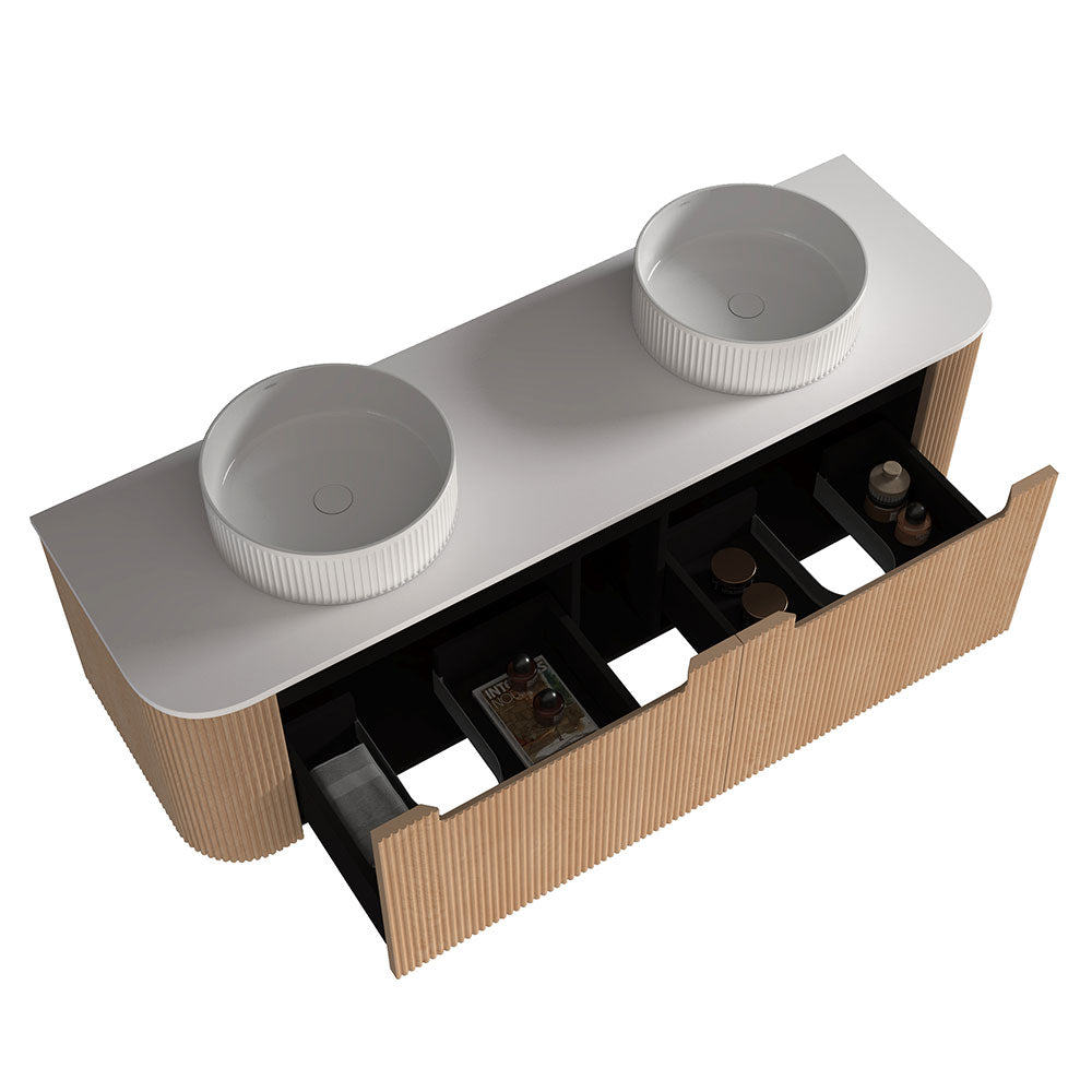 Fluted Natural Oak Wall-Hung Vanity Units - Double Bowl - 1500x460x420mm – detail view