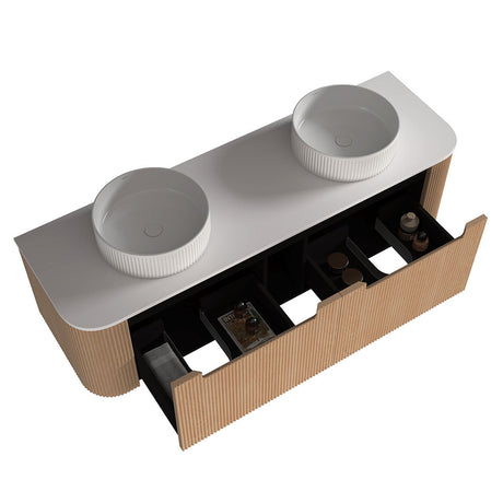 Fluted Natural Oak Wall-Hung Vanity Units - Double Bowl - 1500x460x420mm – detail view