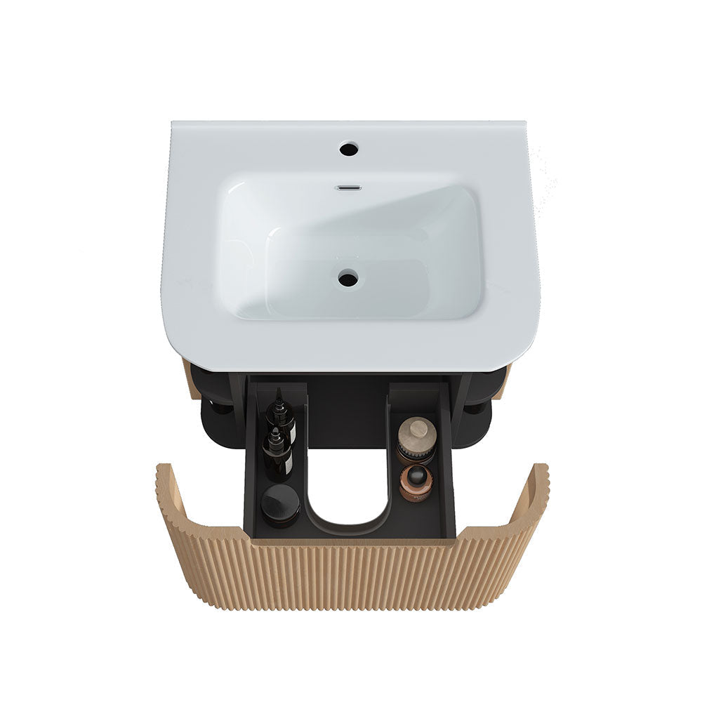 Fluted Natural Oak Wall-Hung Vanity Units - 600x460x420mm – detail view