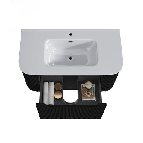 Fluted Matte Black Wall-Hung Vanity Units - 900x460x420mm – detail view