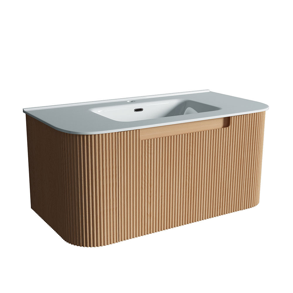 Fluted Natural Oak Wall-Hung Vanity Units - 900x460x420mm – alternate view
