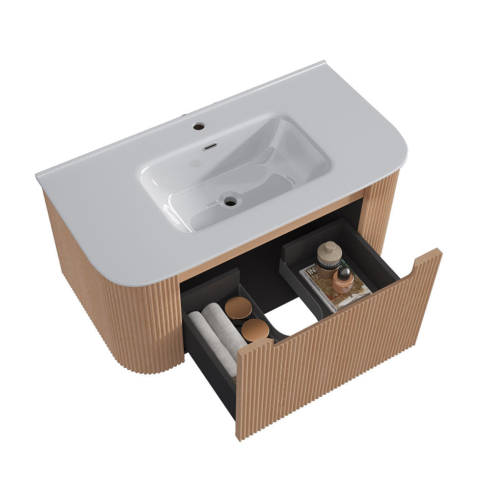 Fluted Natural Oak Wall-Hung Vanity Units - 900x460x420mm – detail view
