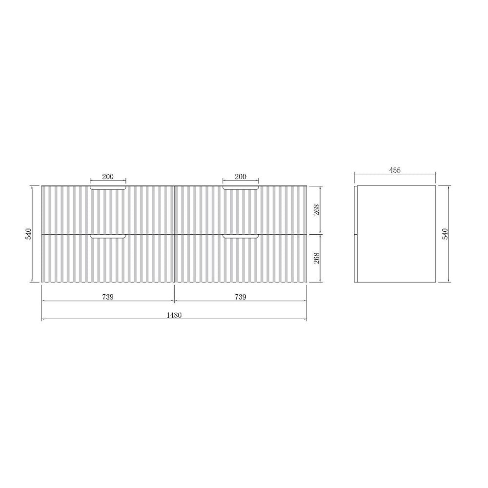 WHGR1500D - 1500x460x540mm - Wall Hung Vanity Four Drawer Matte White V Groove - Double Bowl – alternate view