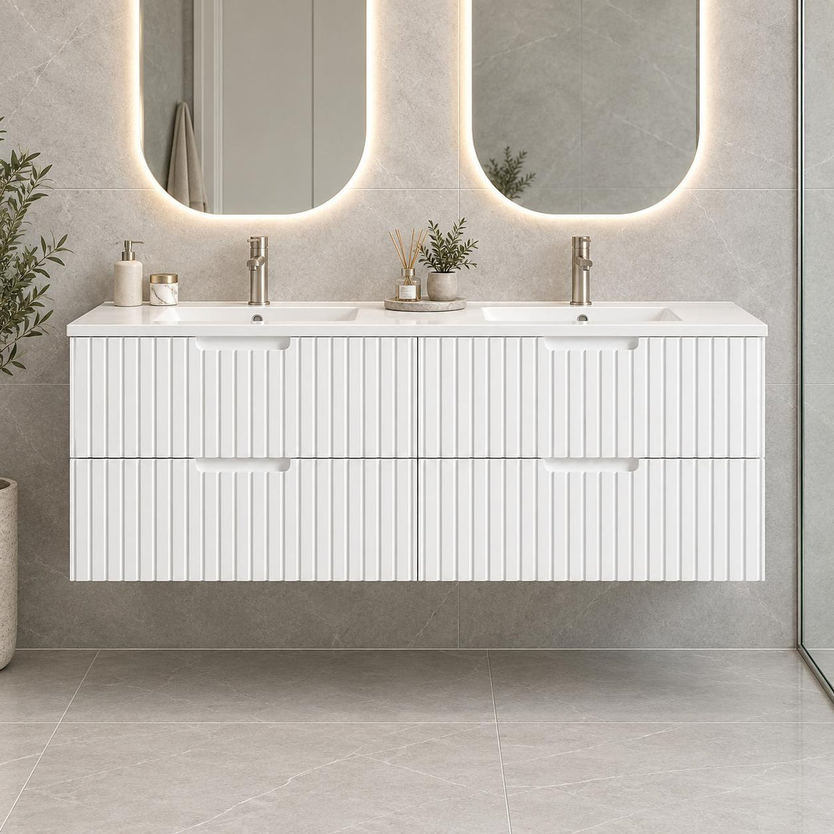 Grayson 1200mm Wall Hung V Groove Vanity Matte White Double Bowl - 1200x450x540mm
