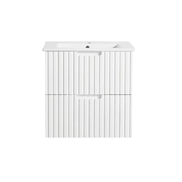 600mm Wall Hung Bathroom Vanity Two Drawer Matte White V Groove