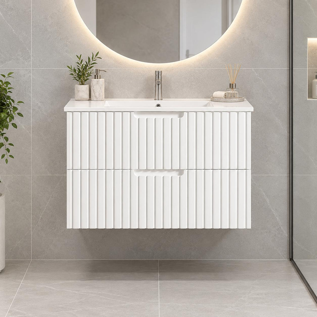 Grayson 750mm Wall Hung V Groove Vanity Matte White - 750x450x540mm