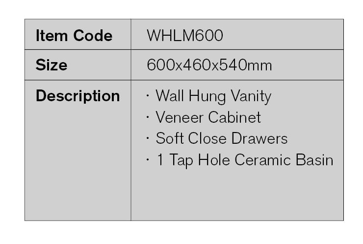 WHLM600 - 600x460x540mm Wall Hung Veneer Vanity with Ceramic Basin – detail view