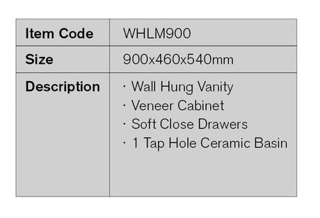 WHLM900 - 900x460x540mm Wall Hung Veneer Vanity with Ceramic Basin – detail view