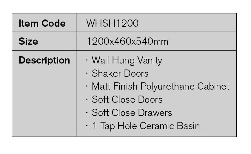 WHSH1200 - 1200x460x540mm Wall Hung Vanity with Shaker Doors – detail view