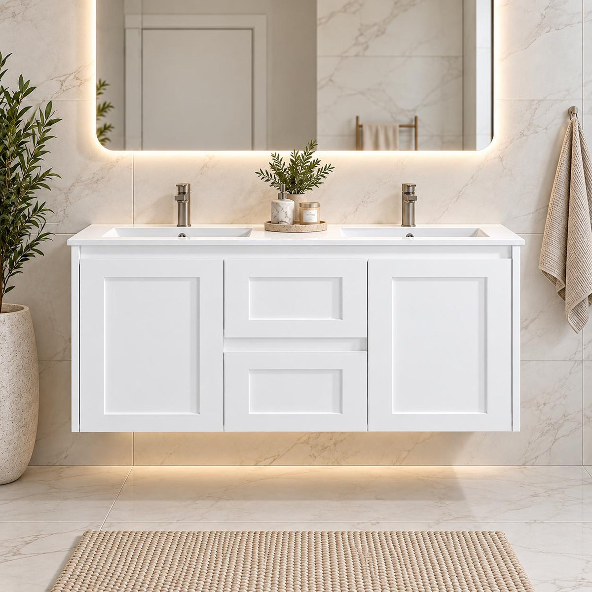 Shayla 1200mm Shaker Door Vanity Wall Hung Double Bowl - 1200x460x540mm
