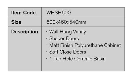 WHSH600 - 600x460x540mm Wall Hung Vanity with Shaker Doors – detail view