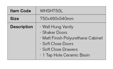 WHSH750L - 750x460x540mm Wall Hung Vanity with Shaker Doors – detail view
