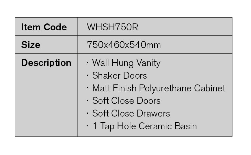WHSH750R - 750x460x540mm Wall Hung Vanity with Shaker Doors – detail view