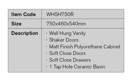 WHSH750R - 750x460x540mm Wall Hung Vanity with Shaker Doors – detail view