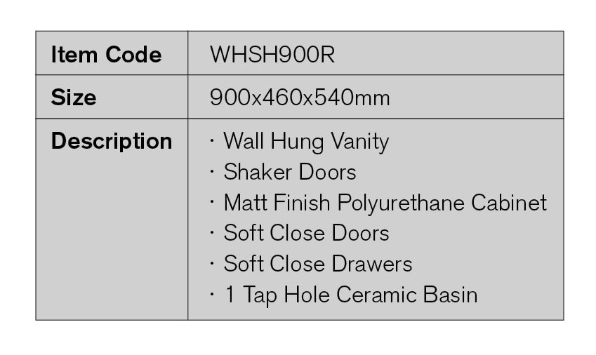 WHSH900R - 900x460x540mm Wall Hung Vanity with Shaker Doors – detail view