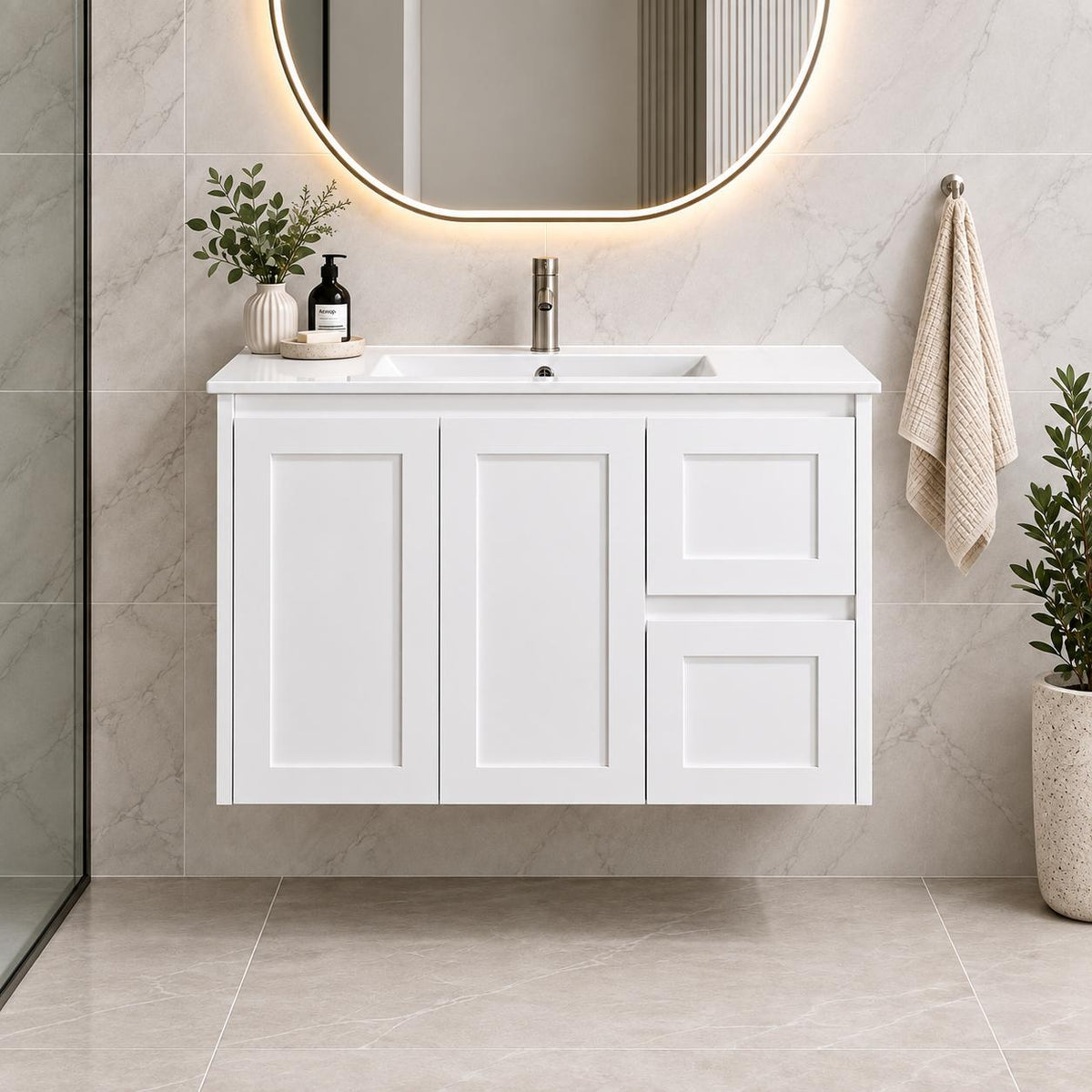 Shayla 900mm Shaker Door Vanity Wall Hung Right Hand Drawers- 900x460x540mm