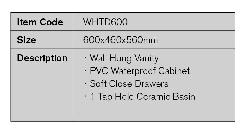 WHTD600 - 600x460x560mm Wall Hung PVC Vanity – detail view